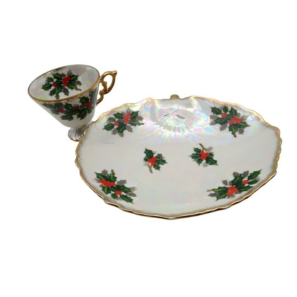 Vintage Japan Ucagco Christmas Holly Berry Iridescent Teacup and Candy Dish